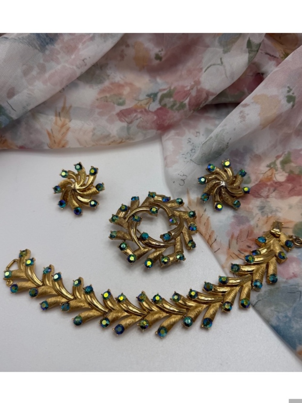 3 Piece Authentic Puccini Estate Gold Leaf Jewelry with Green Aurora Rhinestones